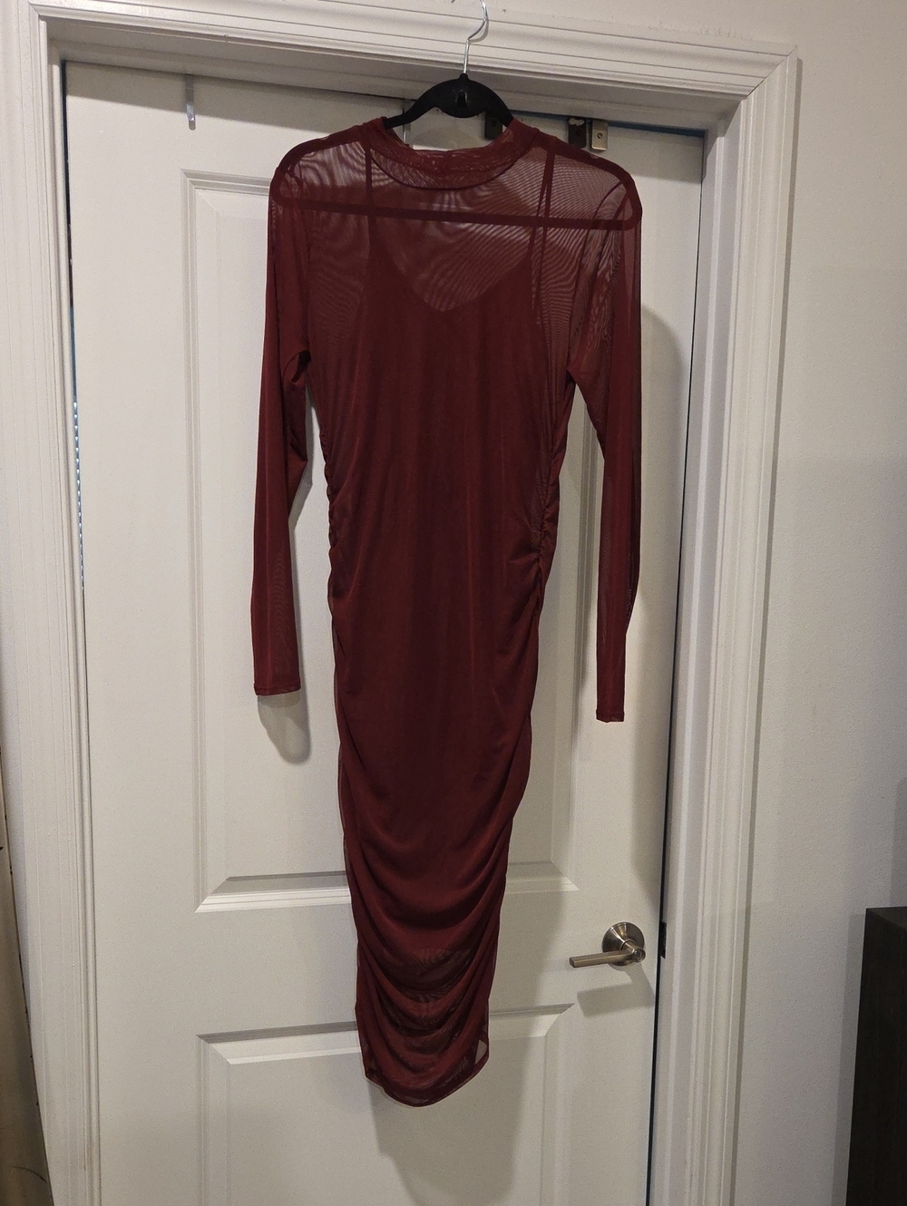 Derek Heart Burgundy Long Sleeve Sheer Ruched Midi Dress Size L, New W/tag!